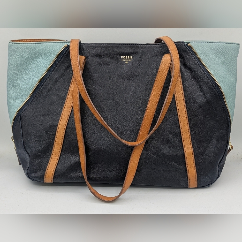 Fossil 2 in One Tote Expandable Black Brown Goat Hide Leather Side Zippers